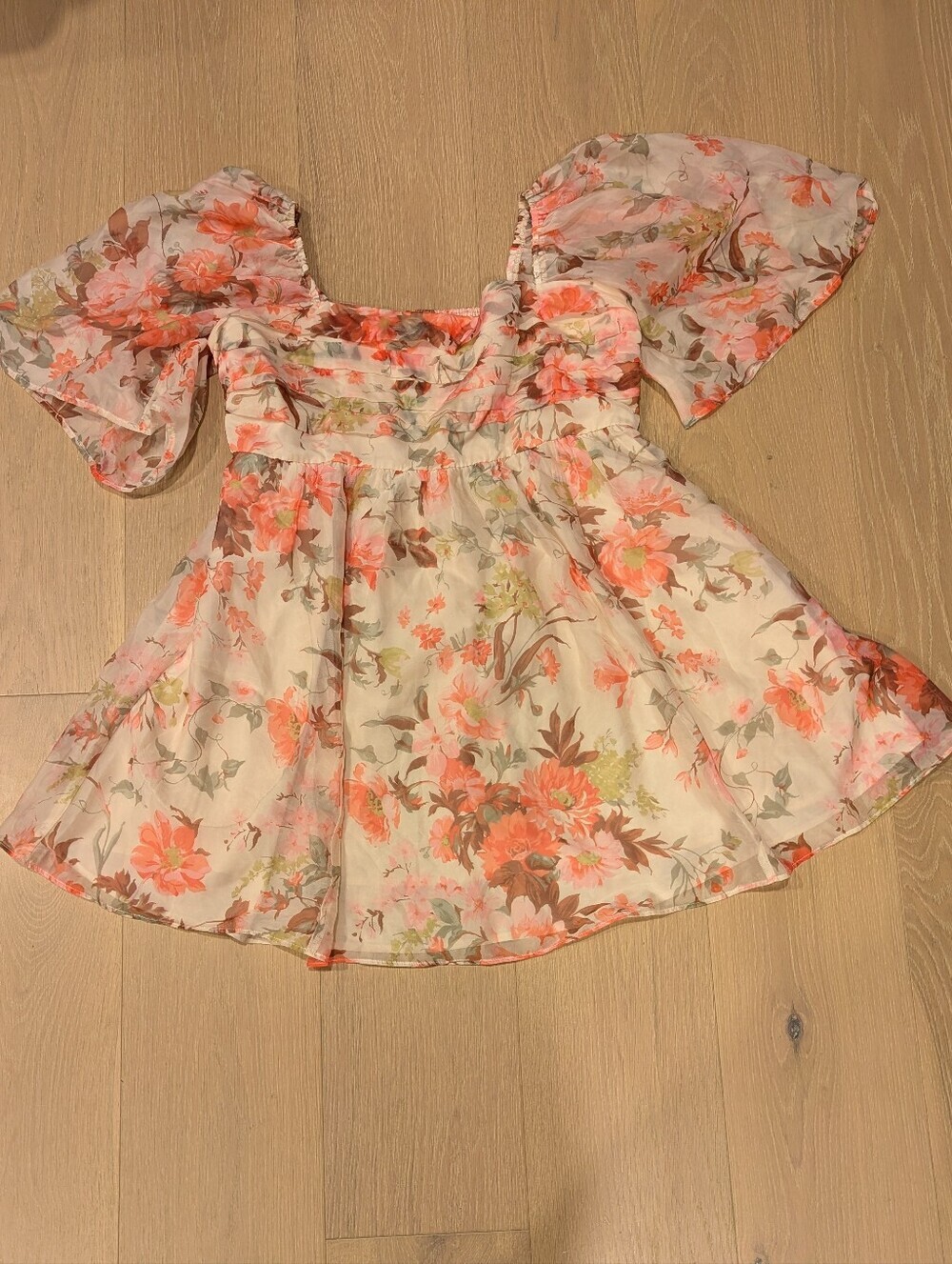 Floral Puff-Sleeve Mini Dress in Cream & Coral